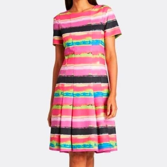 Tahari ASL Hot Pink Striped Scuba Pleated Fit-and-Flare Dress 4 - Picture 2 of 11